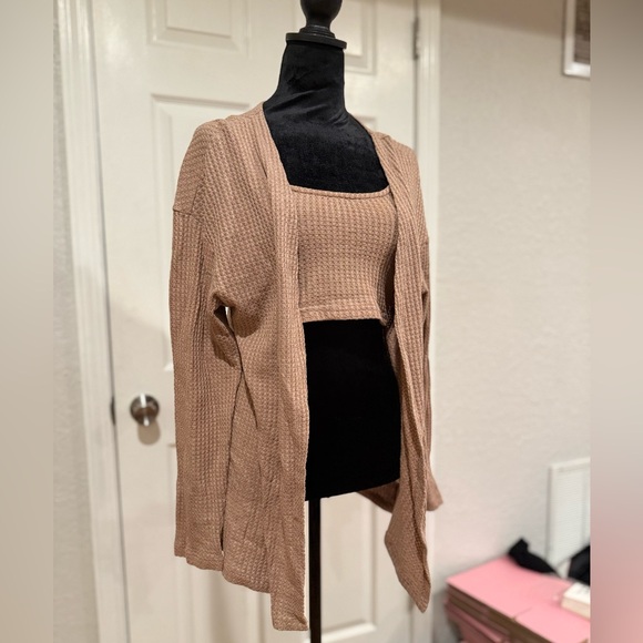 Shein 2-Piece Waffle Knit Lounge Set - Cardigan & Crop Top, Taupe Size Medium - Picture 2 of 5